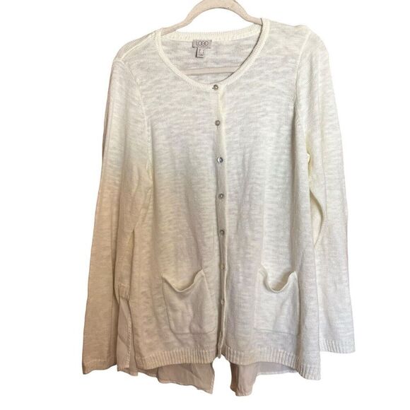 LOGO by Lori Goldstein Cardigan Womens Large Ivory Button Front Pockets Sweater - Picture 1 of 9